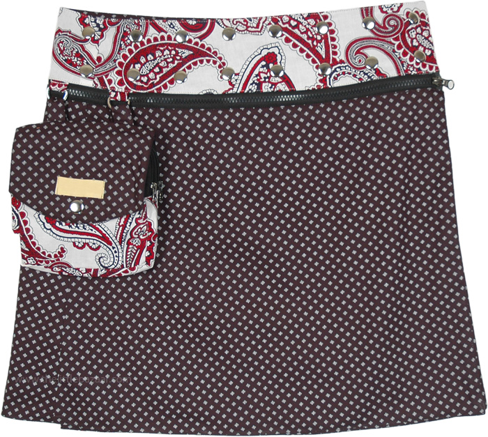 Brown Bohemian Paisley Printed Reversible Button Wrap Skirt