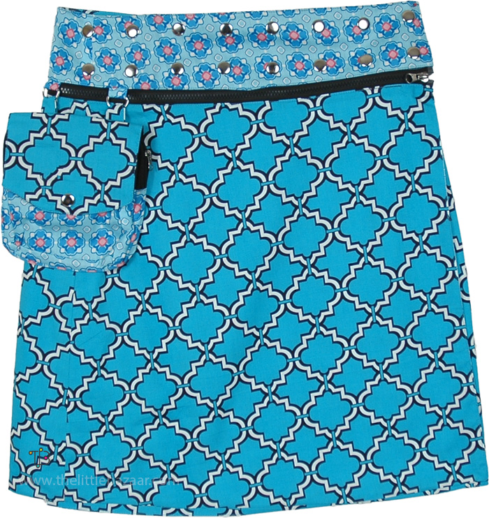 Blue Quatrefoil Convertible Two-Print Wrap Knee Skirt