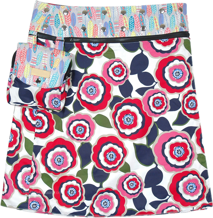 Feathers and Flowers Button Wrap Reversible Short Skirt