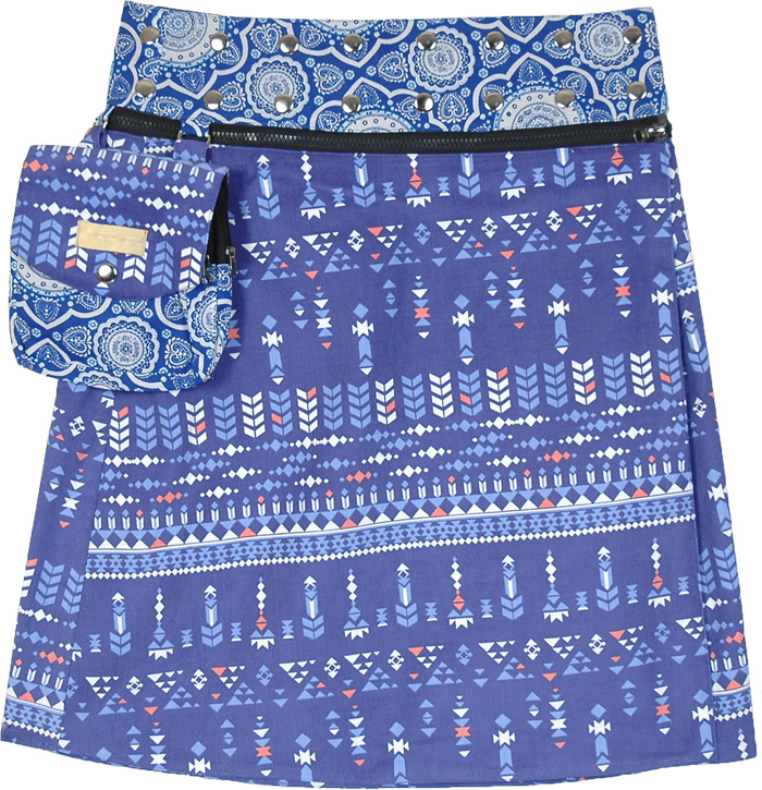 Reversible Blue Short A-Line Wrap Skirt Pocket