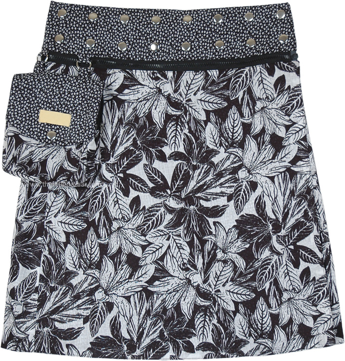 Black White Floral Button Wrap Reversible Knee Length Skirt