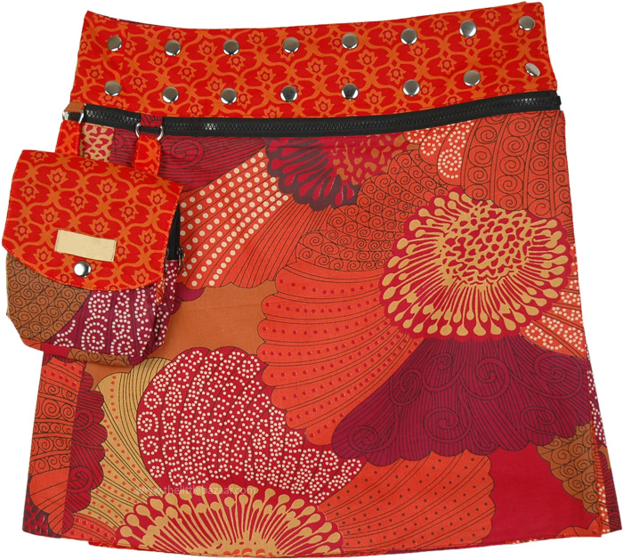 Tangy Blossom Reversible Short Wrap Skirt with Buttons