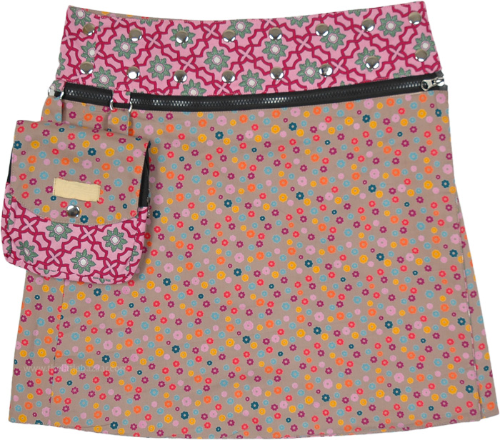 Doting Pink Floral Printed Reversible Wrap Short Skirt with Pocket