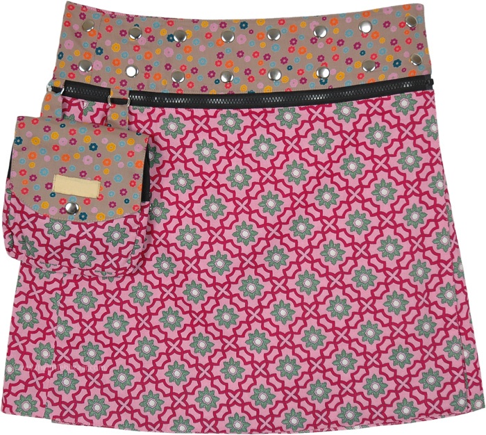 Doting Pink Floral Printed Reversible Wrap Short Skirt with Pocket