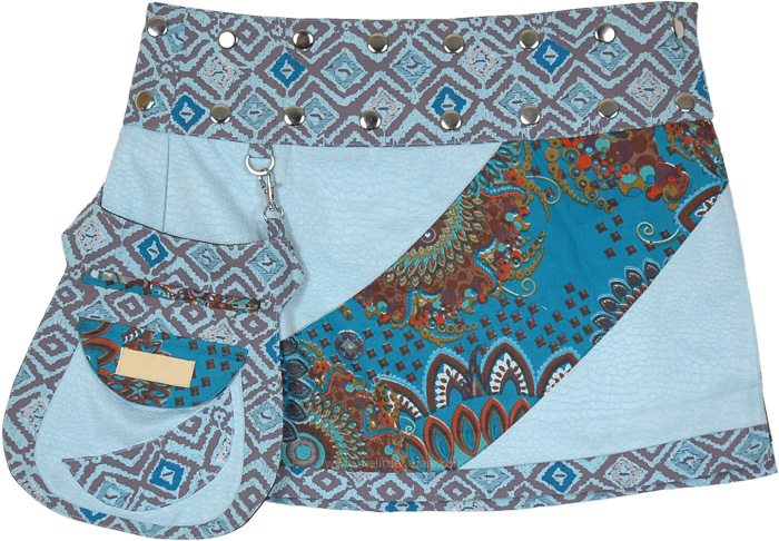 Reversible Sky Blue Floral Mini Wrap and Snap Skirt