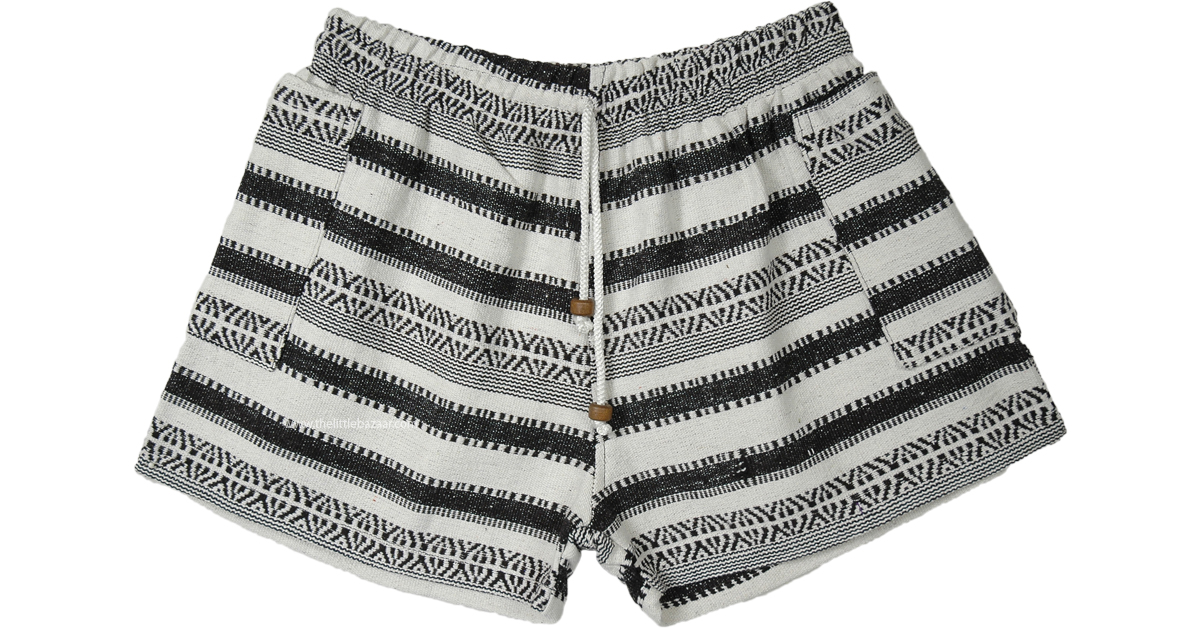 Black White Boho Striped Cotton Shorts with Pockets | Shorts | White ...