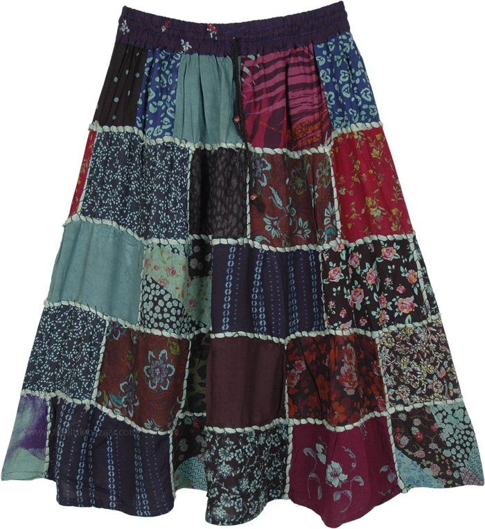 Tropical Green Rayon Knee Length Patchwork Skirt