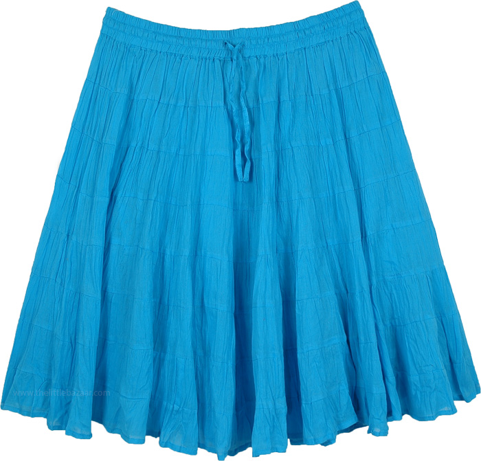 Turquoise Blue Tiered Short Skirt in Wrinkled Cotton