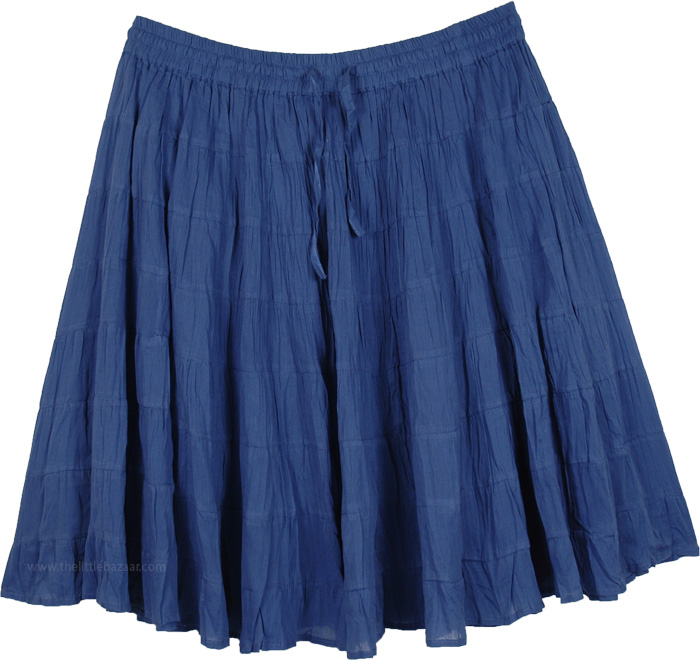 Crushed Cotton Tiered Short Skirt in Denim Blue
