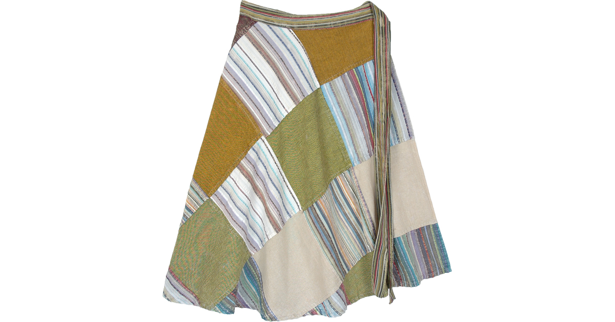 Sycamore Patchwork Knee Length Boho Wrap Skirt ShortSkirts Green