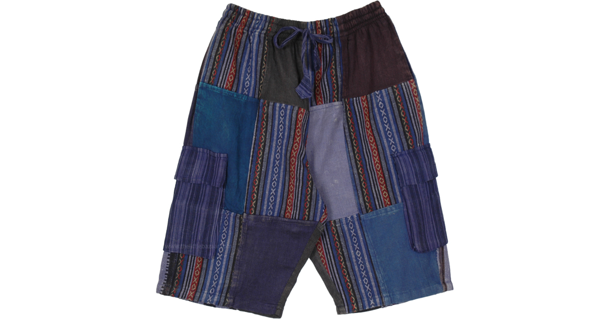 【関税&送料込み】ChloAC Patchwork Bermuda Shorts Unisex Purple Blue Hippie Cotton Patchwork Cargo Shorts