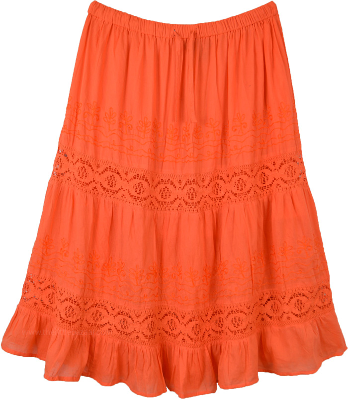 Orange Crush Cotton Midi Skirt with Lace