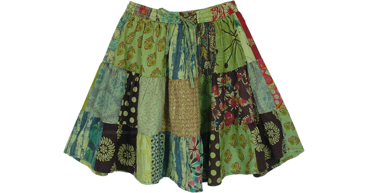 Floral Green Funky Short Cotton Patchwork Skirt | Short-Skirts | Green ...