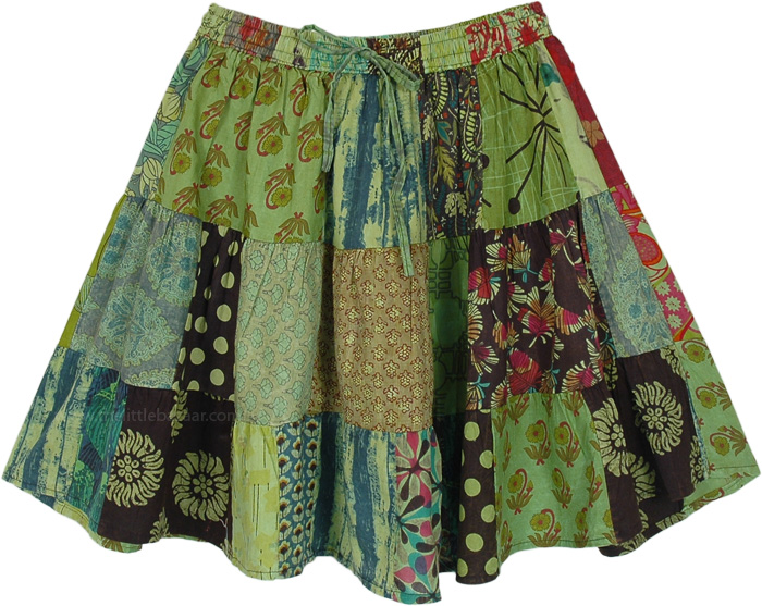 Floral Green Funky Short Cotton Patchwork Skirt | Short-Skirts | Green ...