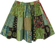 Green Floral Patchwork Short Skirt with Elastic Waist and Drawstring [8386]