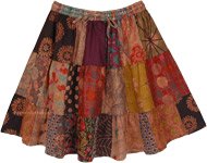 Muddy Brown Floral Patchwork Short Skirt with Elastic Waist [8387]