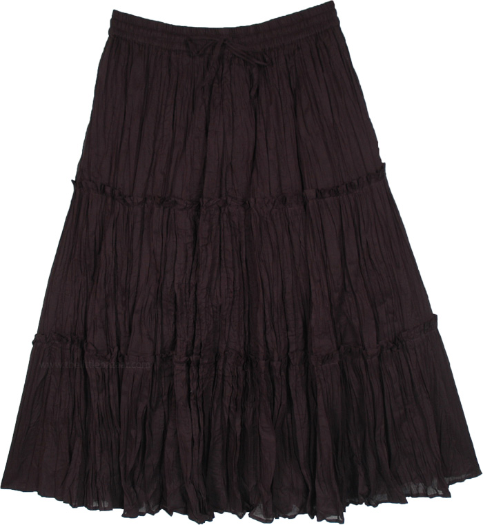 Flared Black Cotton Voile Knee Length Skirt with Crinkle