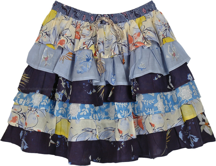 Summer Blues Ruffled Layers Short Skirt with Floral Prints