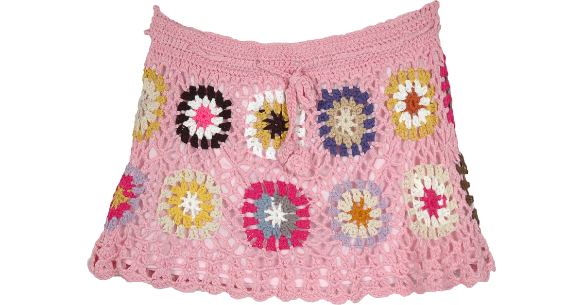 Pink Blossom Crochet Pattern Skirt with Multicolor Circles | Short ...