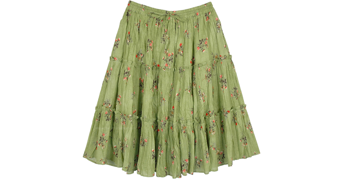 【ArimCloset】olive green and cream ribbon skirt〜スカート Olive Green Crinkled Cotton Tiered Short Skirt | Short