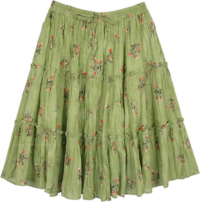 Olive Green Crinkled Cotton Tiered Short Skirt