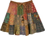Light Brown Floral Patchwork Short Skirt with Elastic Waist and Drawstring [8900]