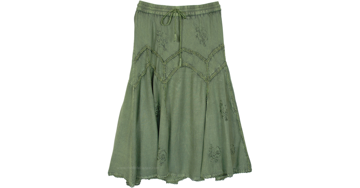 Lush Green Medieval Midi Skirt with Delicate Embroidery ShortSkirts