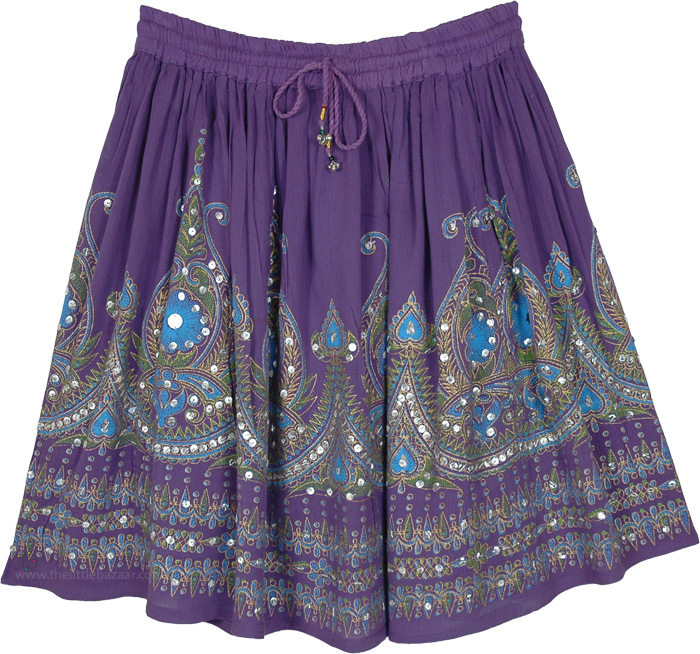 Purple Sequin Embellished Knee Length Skirt