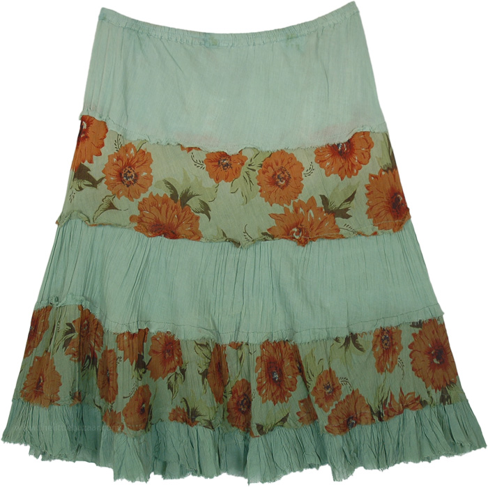 Subtle Green Crinkled Short Skirt with Floral Tiers