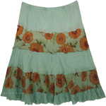 Subtle Green Crinkled Short Skirt with Floral Tiers