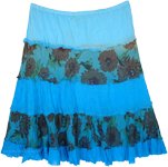 Cyan Blue Floral Tiers Crinkled Short Skirt