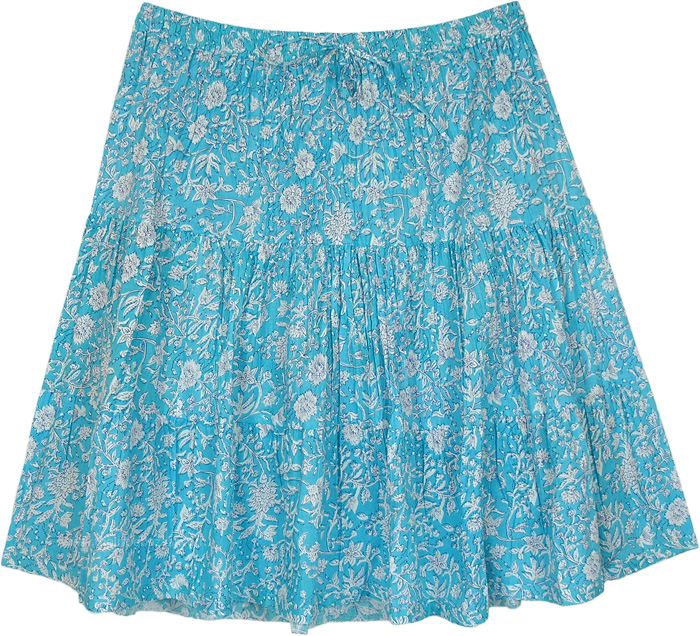 Icy Blue Floral Prints Tiered Summer Short Skirt