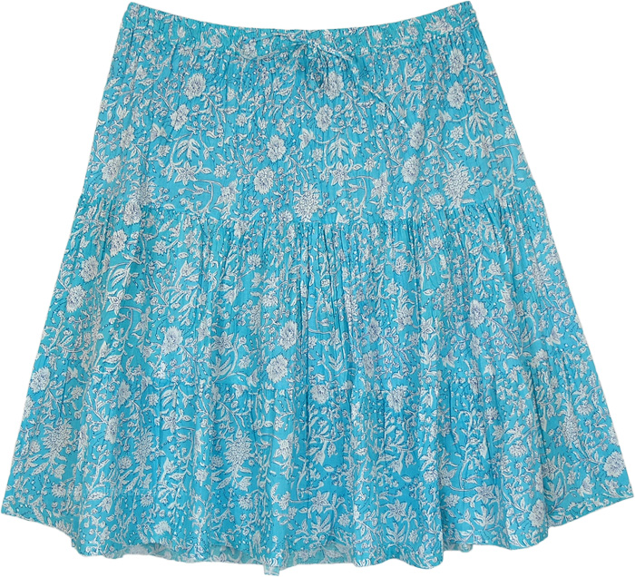 Icy Blue Floral Prints Tiered Summer Short Skirt in Cotton by TLB