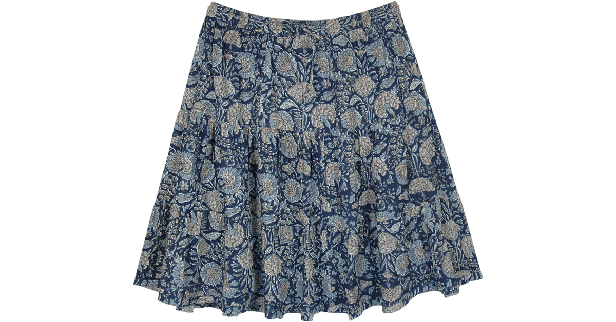 Floral Blue Night Three Tier Cotton Skirt | Short-Skirts | Blue ...