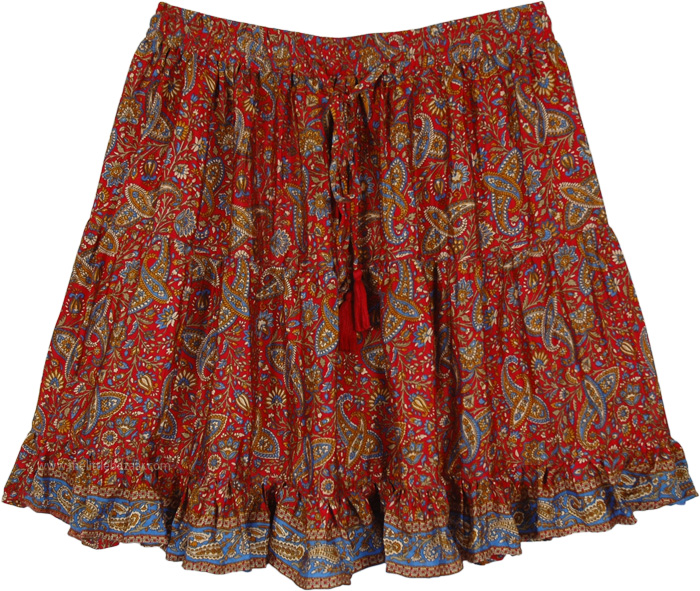indian Paisley Soft Red Tiered Short Skirt