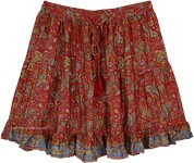 indian Paisley Soft Red Tiered Short Skirt