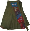 Dusky Olive Boho Short Wrap Skirt with Embroidered Patches