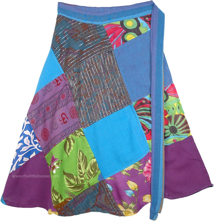 Knee Length Hippie Wrap Skirt in Blue Patchwork