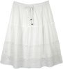 Pure White Knee Length Cotton Eyelet Skirt with Elastic Waist