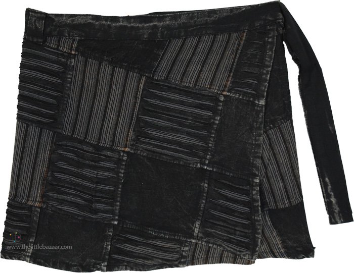 Gothic Black Patchwork Razor-Cut Short Wrap Skirt
