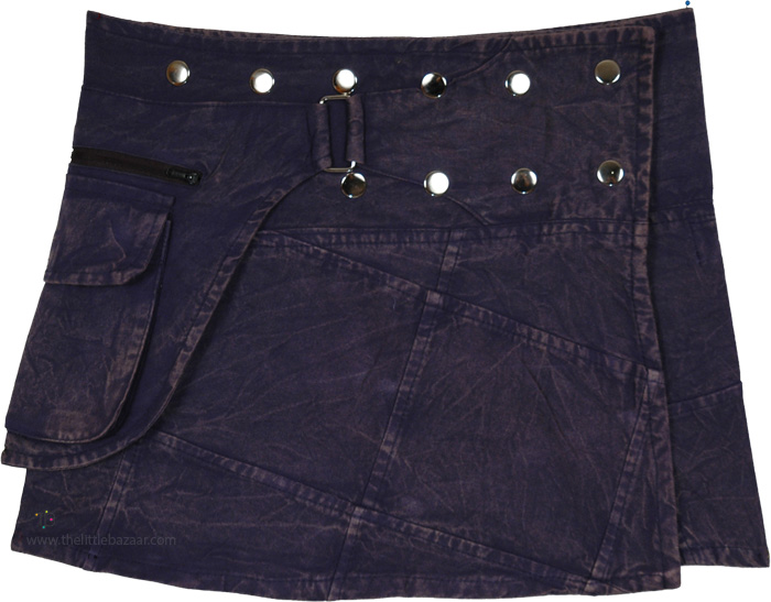 Midnight Navy Patchwork Snap Wrap Mini Skirt