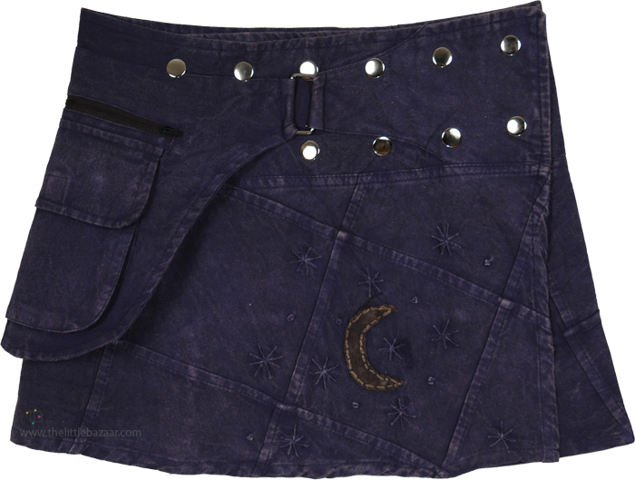 Midnight Moon Patchwork Snap Wrap Mini Skirt