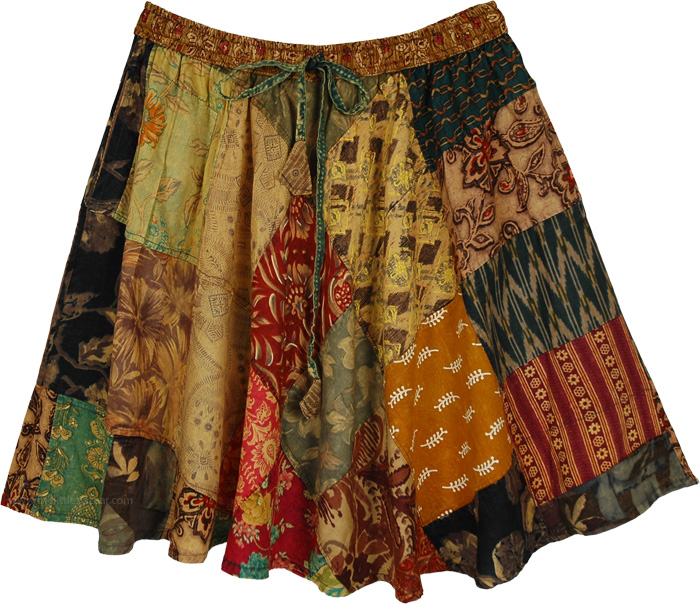 Rustic Beige Printed Patchwork Above-Knee Skirt