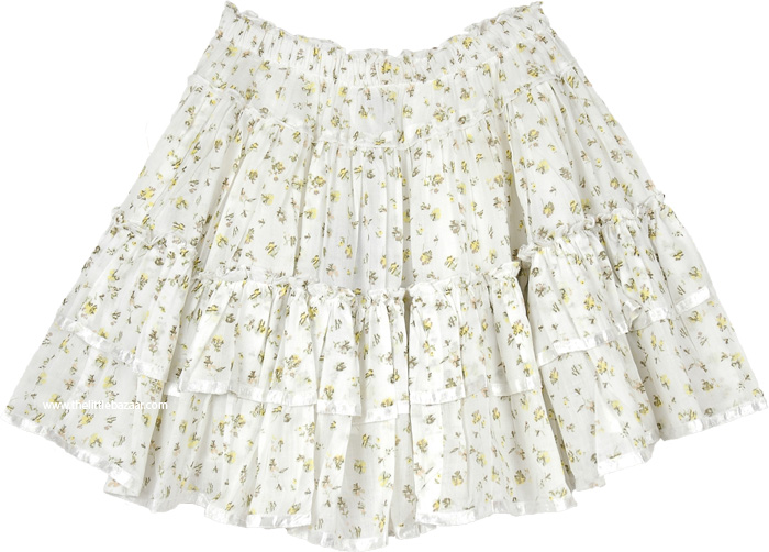 Yellow Spring Floral White Mini Skirt in Tiers