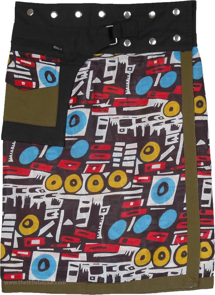 Abstract Art Boho Wrap Skirt with Waist Belt and Pocket