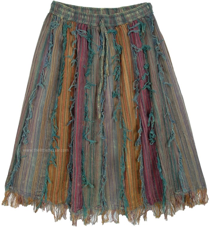 Earthen Tone Short Knee Length Gypsy Skirt with Fringes