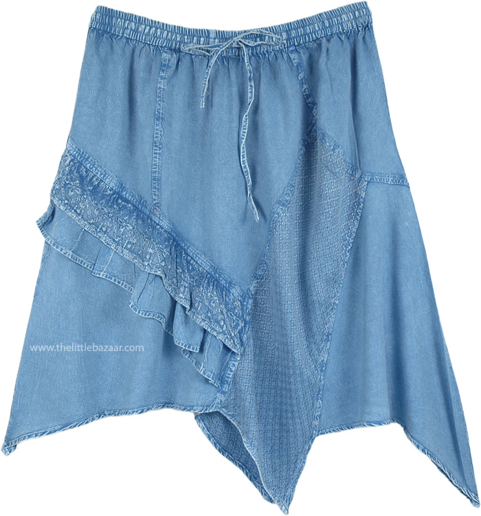 Handkerchief Hem Western Rodeo Knee Length Skirt in Light Denim Blue