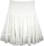 Milky White Sequined Mid Length Skirt with Tiers