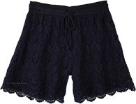 Scalloped Hem Navy Blue Cotton Crochet Shorts For Women