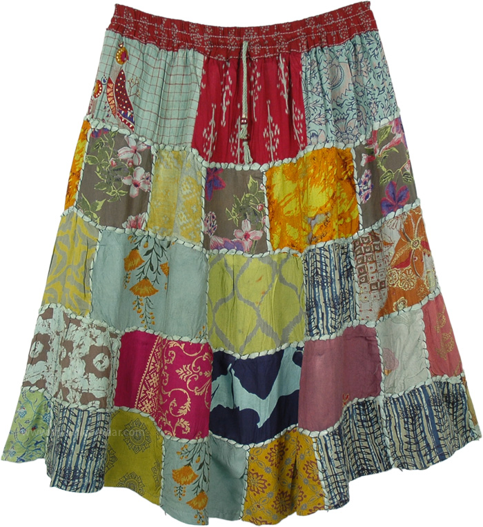 Recycled Patchwork Short Bohemian Skirt | Short-Skirts | Green ...